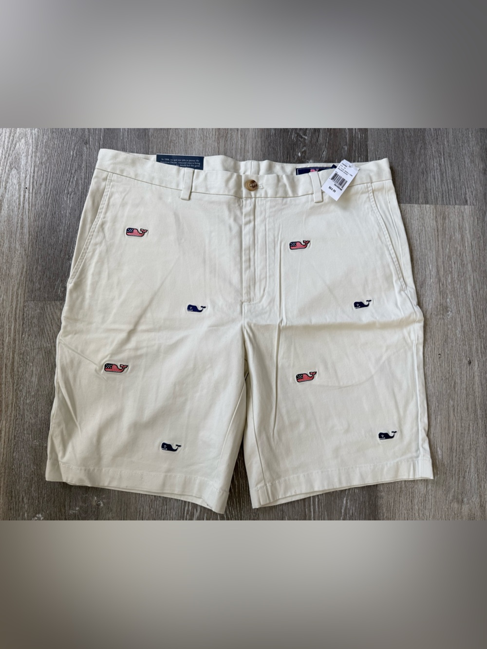 Vineyard Vines Stone Khaki Shorts with flag Whale Logo 36